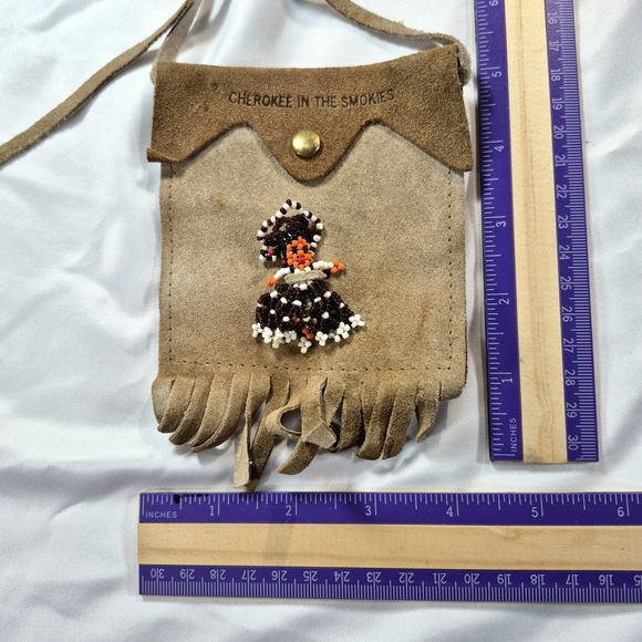 Vintage Cherokee In The Smokies Beaded Leather Fringe Pouch - Picture 2 of 7